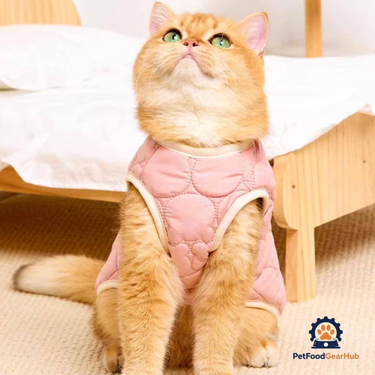 Cat Wearing Pink Quilted Jacket With Bear Detail | Cozy Cat Winter Outfit | PetFoodGearHub