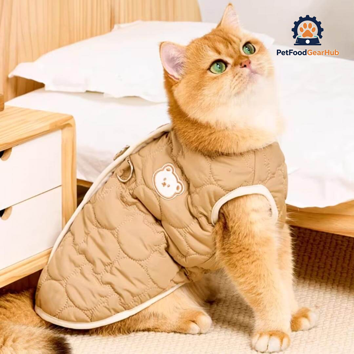 Cat Wearing Brown Quilted Jacket | Cozy Bear Patch Cat Outfit | PetFoodGearHub