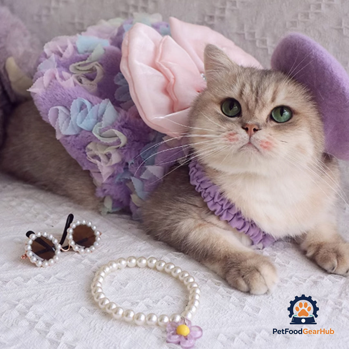 Cat in Cute Lilac Dress | PetFoodGearHub