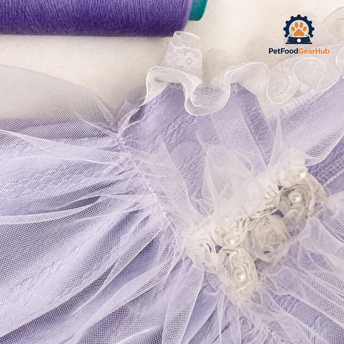 Lavender Cat Dress with White Tulle and Pearl Details | PetFoodGearHub