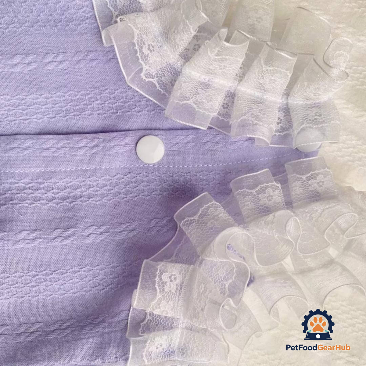 Close Up of Lavender Cat Dress Lace and Button Details | PetFoodGearHub