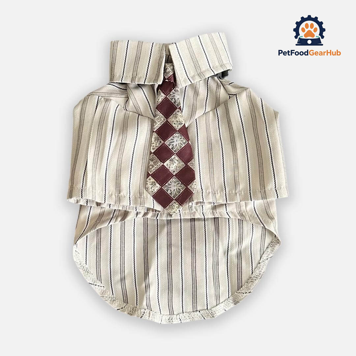 Oxford Cat Shirt in Cream with Burgundy Tie | Striped Collared Cat Shirt | PetFoodGearHub
