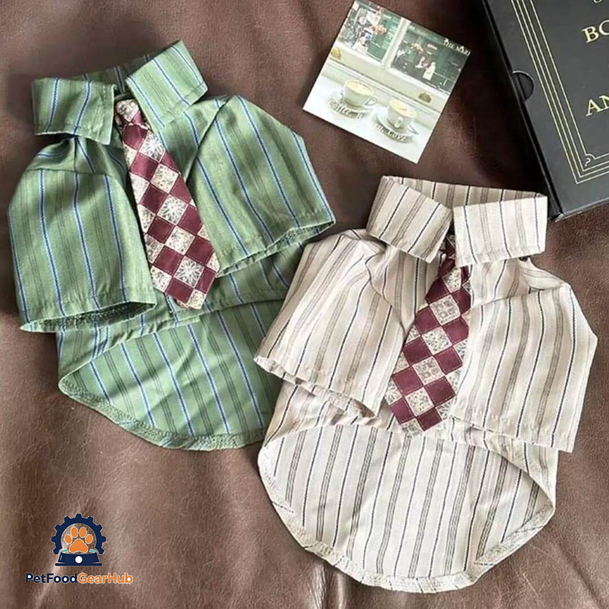Oxford Cat Shirt in Sage Green and Cream | Striped Cat Shirts with Burgundy Ties | PetFoodGearHub