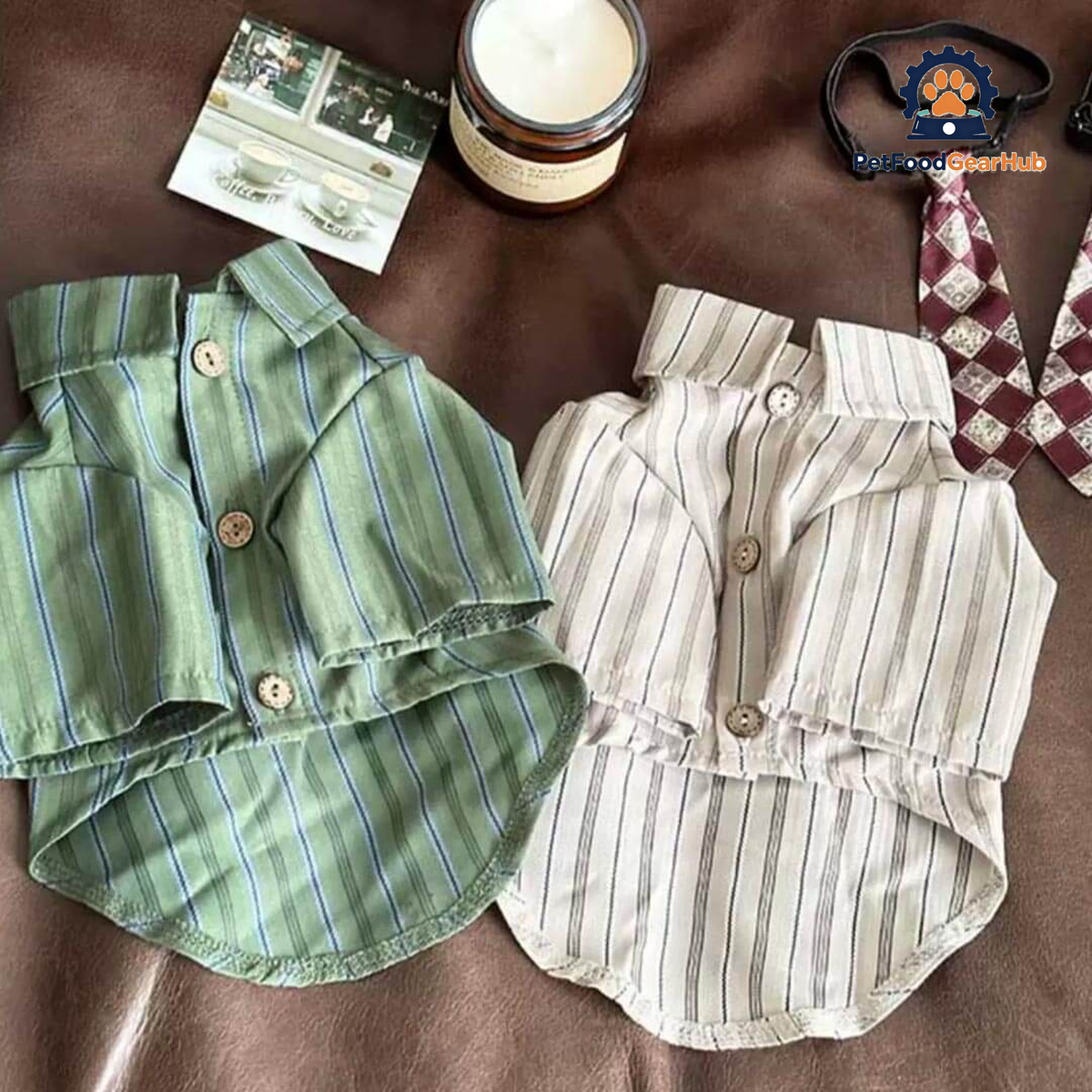 Oxford Cat Shirt in Sage Green and Cream | Striped Collared Pet Shirts with Detachable Ties | PetFoodGearHub