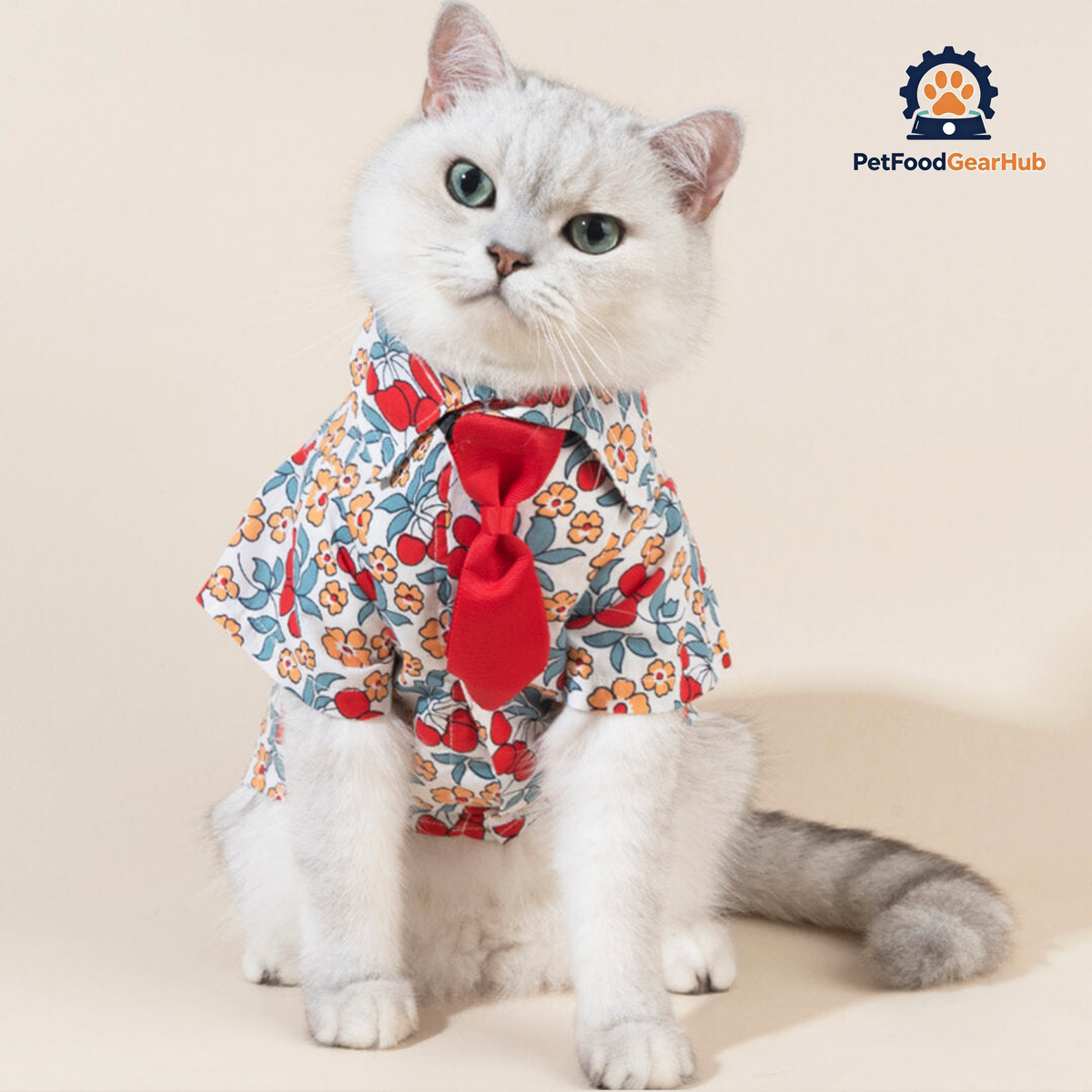 Cat in Floral Shirt with Tie | PetFoodGearHub