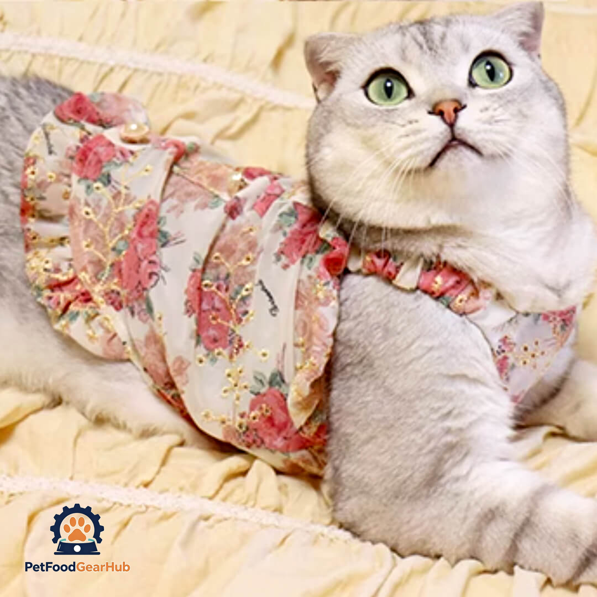 Cat in Red Floral Print Dress | PetFoodGearHub