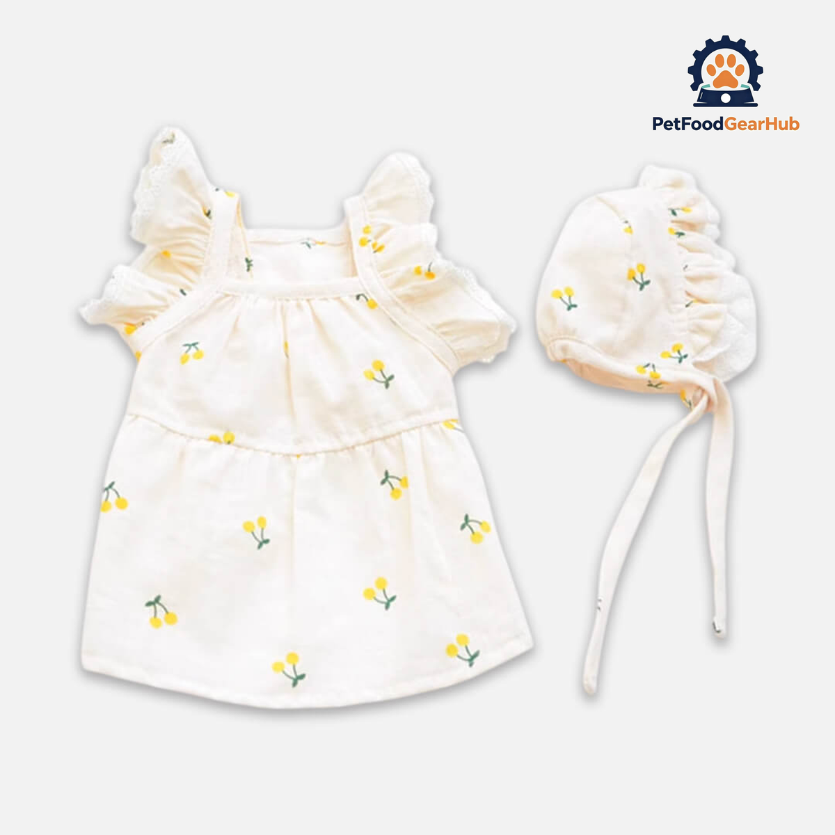 Yellow Cherry Print Dress & Hat for Cats & Kittens | PetFoodGearHub
