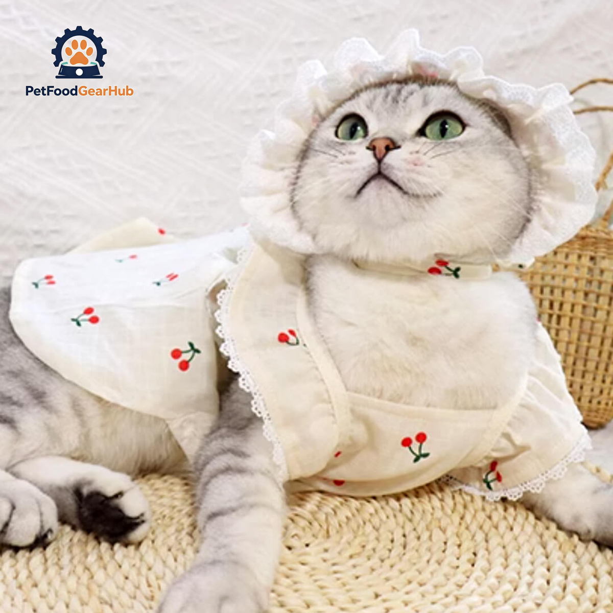 Cat in Red Cherry Print Hat & Dress | PetFoodGearHub