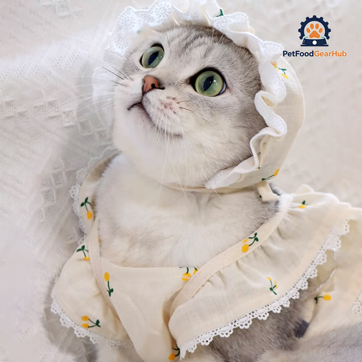 Cat in Yellow Cherry Print Hat & Dress | PetFoodGearHub