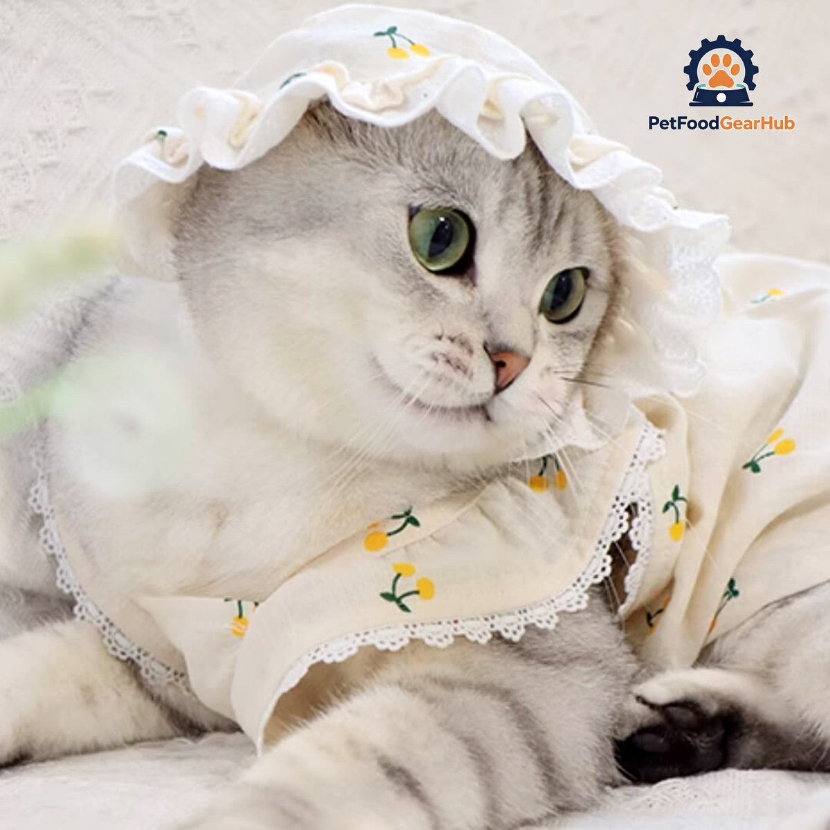 Cat in Yellow Cherry Print Hat & Dress | PetFoodGearHub