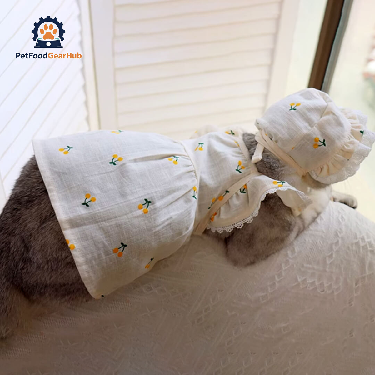 Cat in Yellow Cherry Print Hat & Dress | PetFoodGearHub