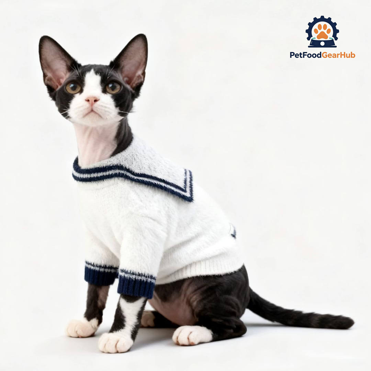 Hairless Cat in White Sailor Cat Cardigan | Nautical Cat Sweater | PetFoodGearHub