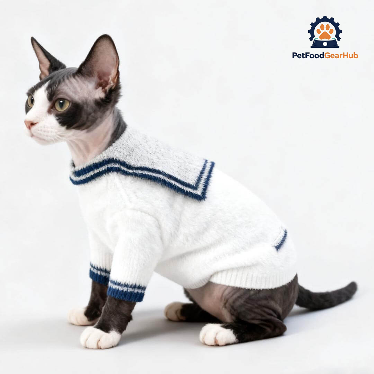 Hairless Cat in White Sailor Cat Cardigan | Nautical Cat Sweater | PetFoodGearHub