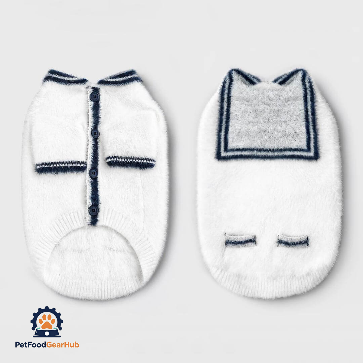 Front And Back White Sailor Cat Cardigan | Button Cat Sweater | PetFoodGearHub
