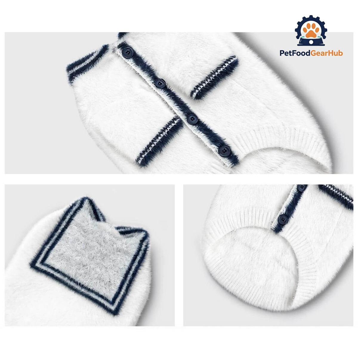 White Sailor Cat Cardigan Detail | Soft Cat Sweater | PetFoodGearHub