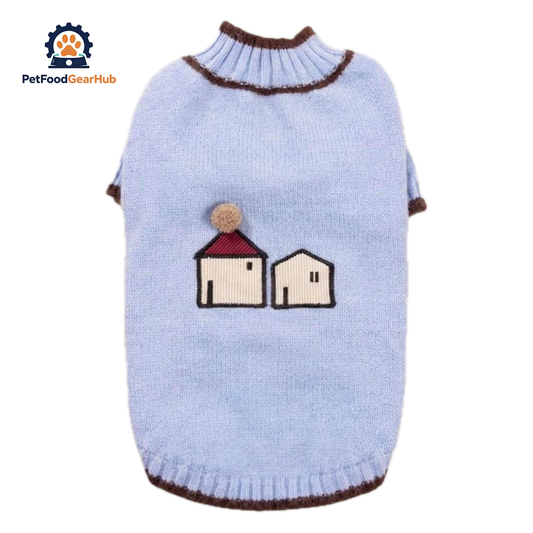 Blue Mochi Cat Sweater with brown trim and embroidered house design | PetFoodGearHub