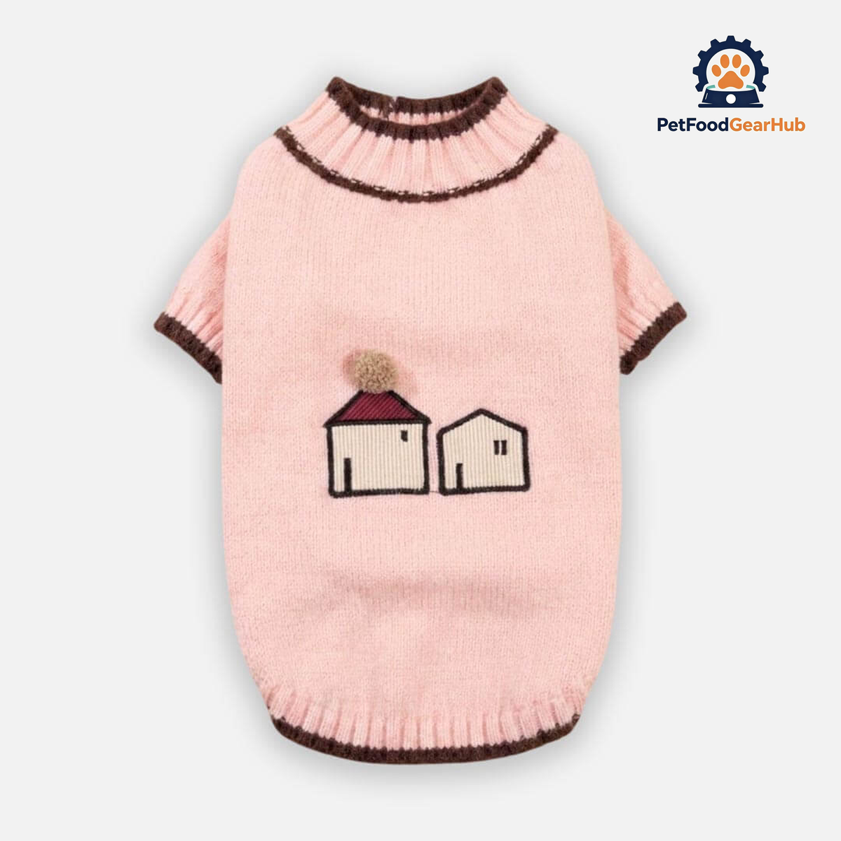 Pink Mochi Cat Sweater with brown trim and embroidered house design | PetFoodGearHub