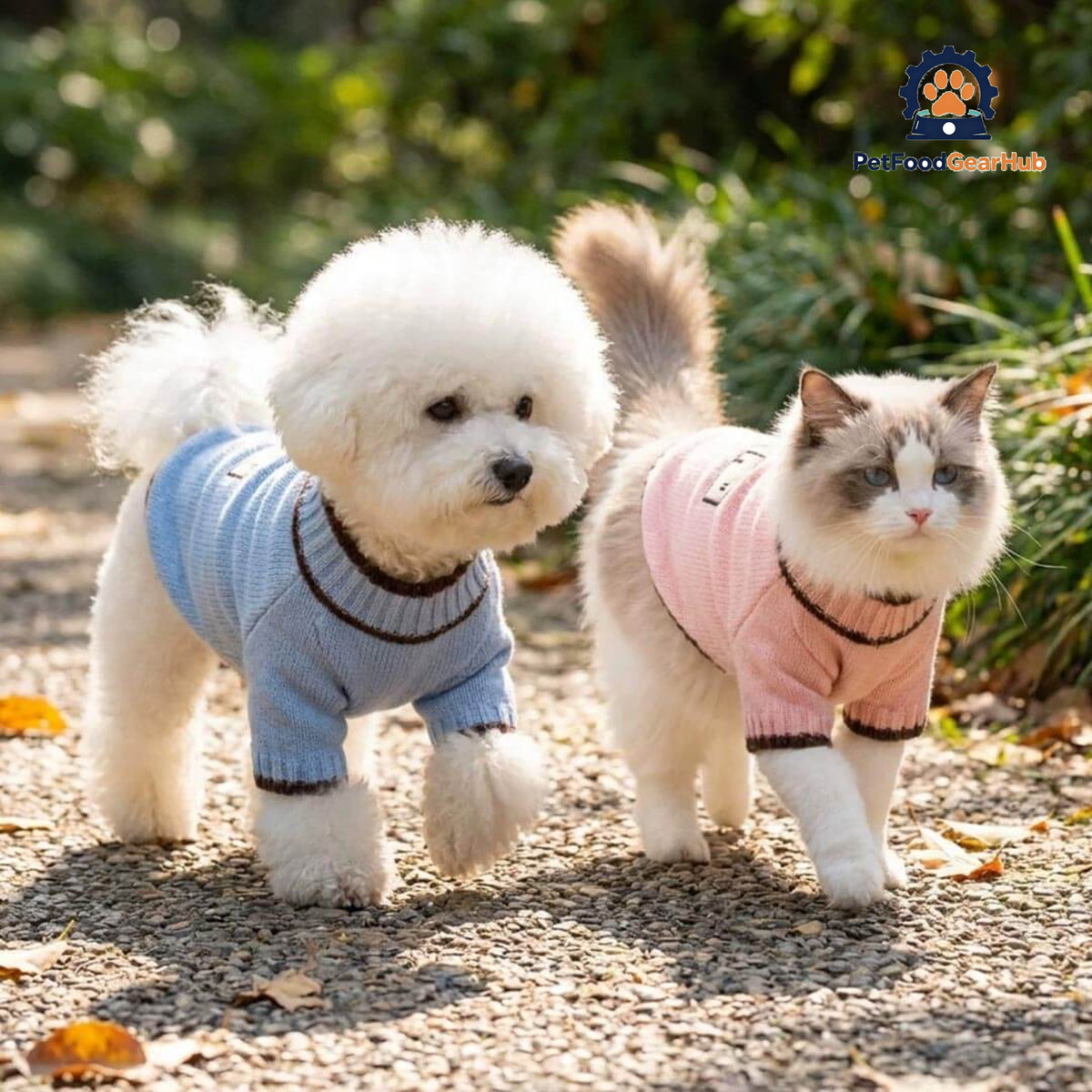 Cat in Pink Mochi Cat Sweater with Dog in Blue Sweater | PetFoodGearHub