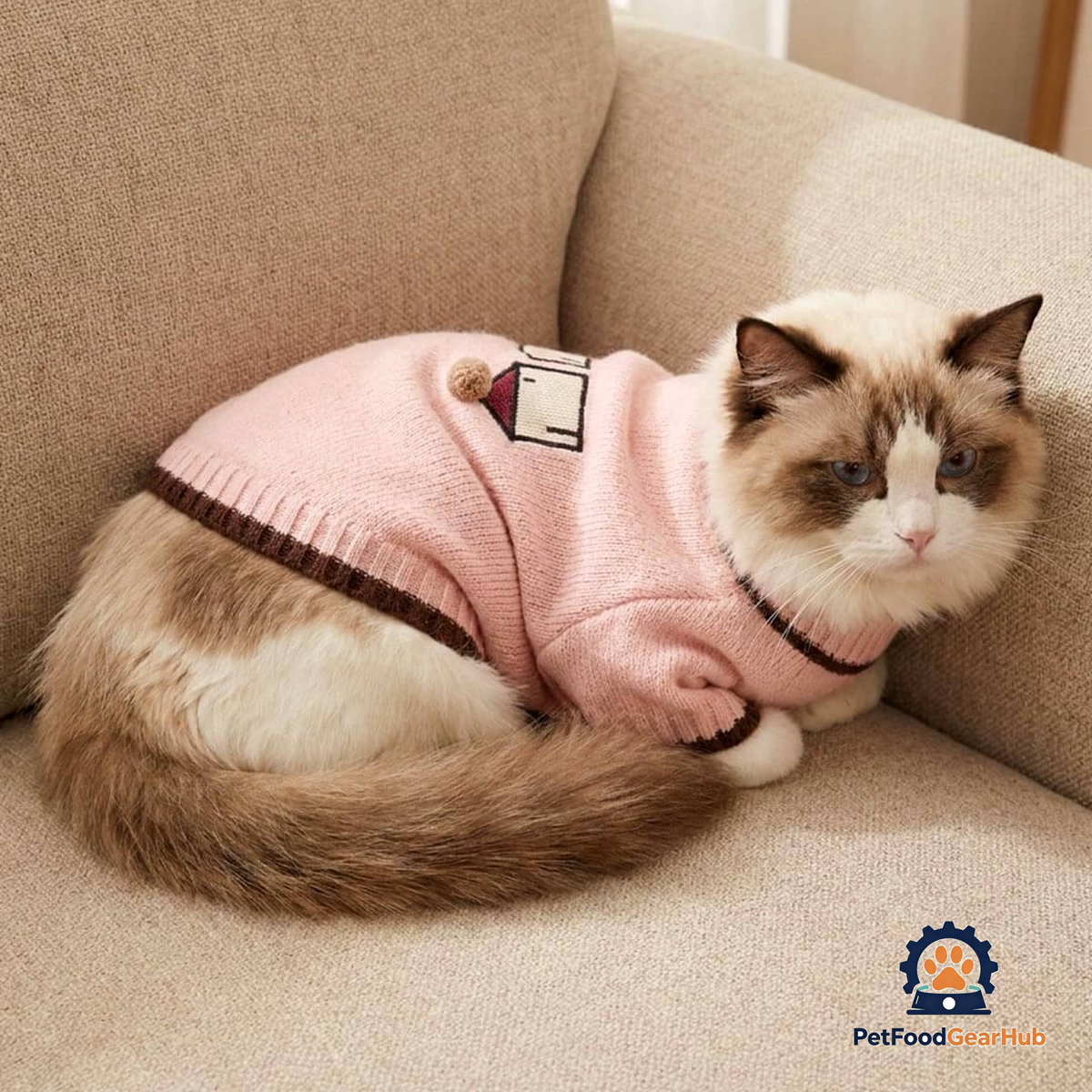 Ragdoll Cat Wearing Pink Mochi Cat Sweater | Cozy Knit Cat Sweater | PetFoodGearHub