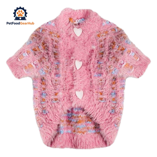 Pink Fuzzy Cat Cardigan With Heart Buttons | Cozy Knit Cat Sweater | PetFoodGearHub