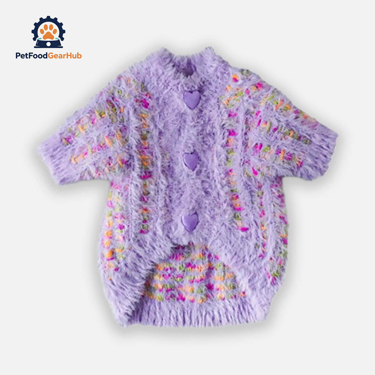 Purple Fuzzy Cat Cardigan with Heart Buttons | Cute Cat Sweater | PetFoodGearHub