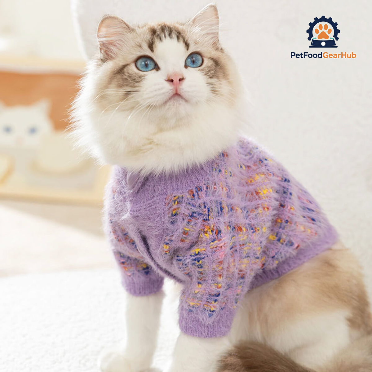Cat in Stylish Purple Cardigan | PetFoodGearHub