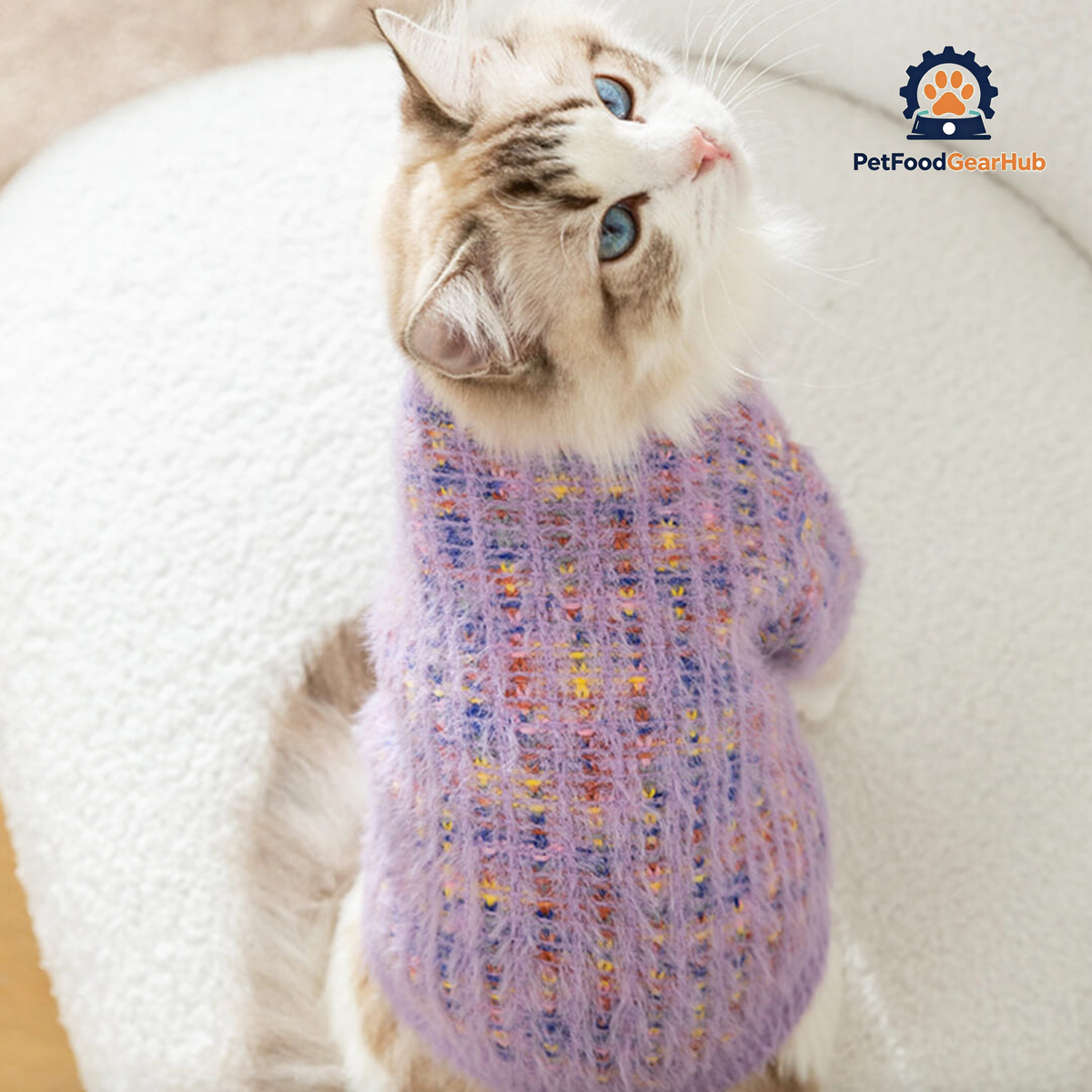 Cat in Stylish Purple Cardigan | PetFoodGearHub