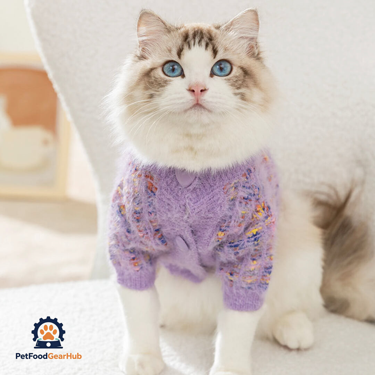 Cat in Stylish Purple Cardigan | PetFoodGearHub