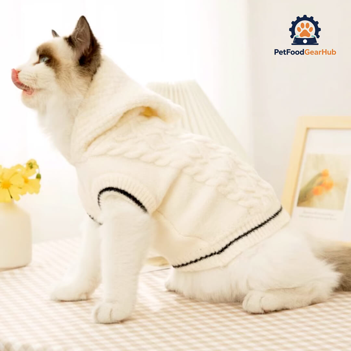 Cat in White Knit Hoodie | PetFoodGearHub