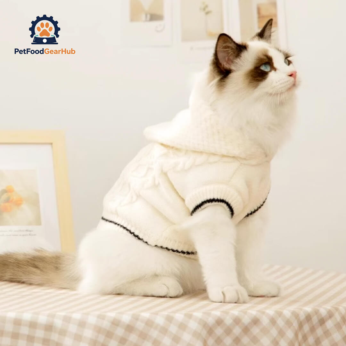Cat in White Knit Hoodie | PetFoodGearHub