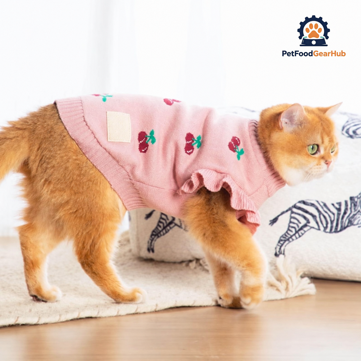 Cat in Pink Cherry Print Sweater | PetFoodGearHub