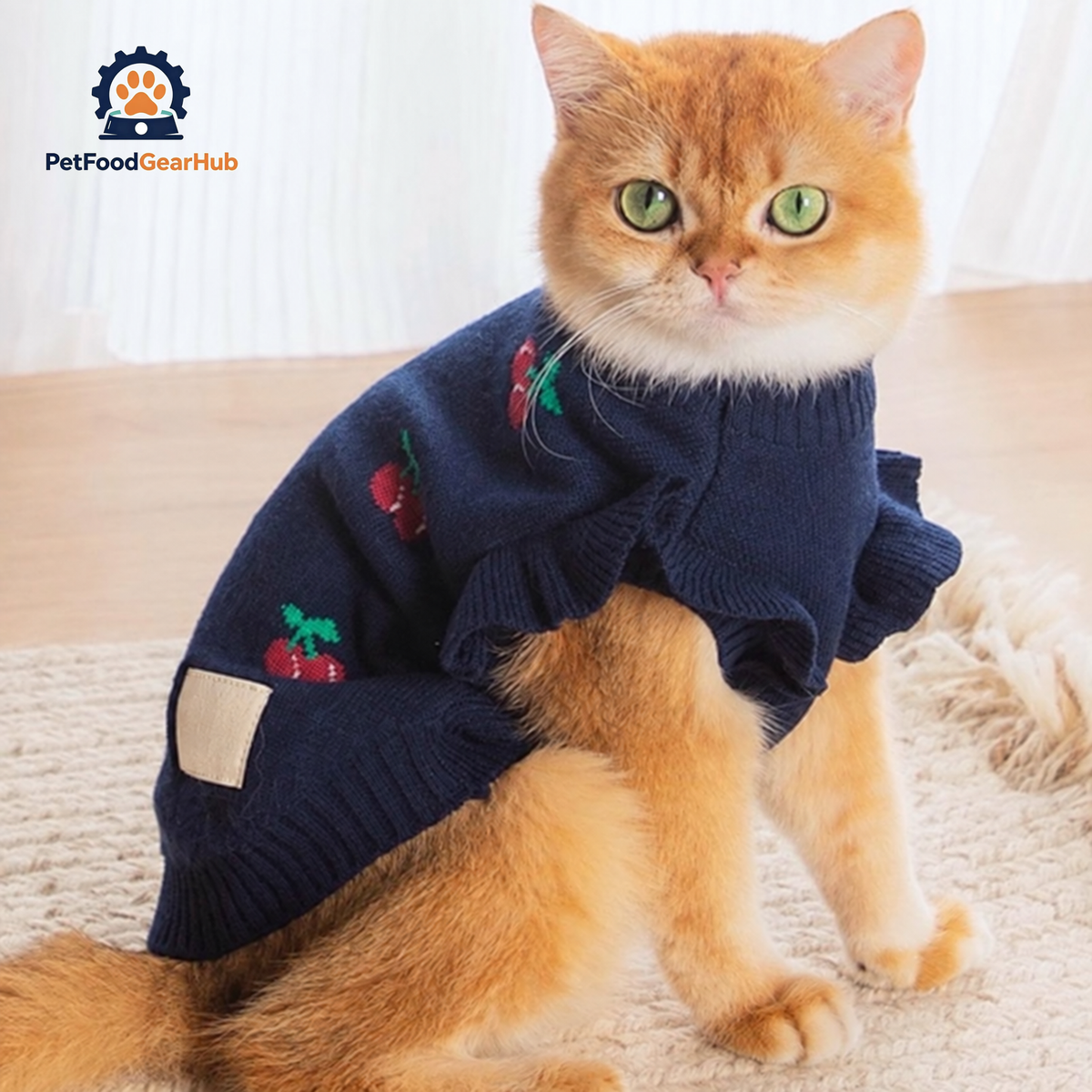Cat in Navy Cherry Print Sweater | PetFoodGearHub