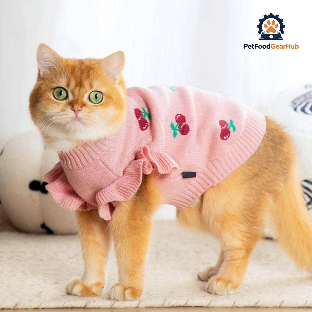 Cat in Pink Cherry Print Sweater | PetFoodGearHub