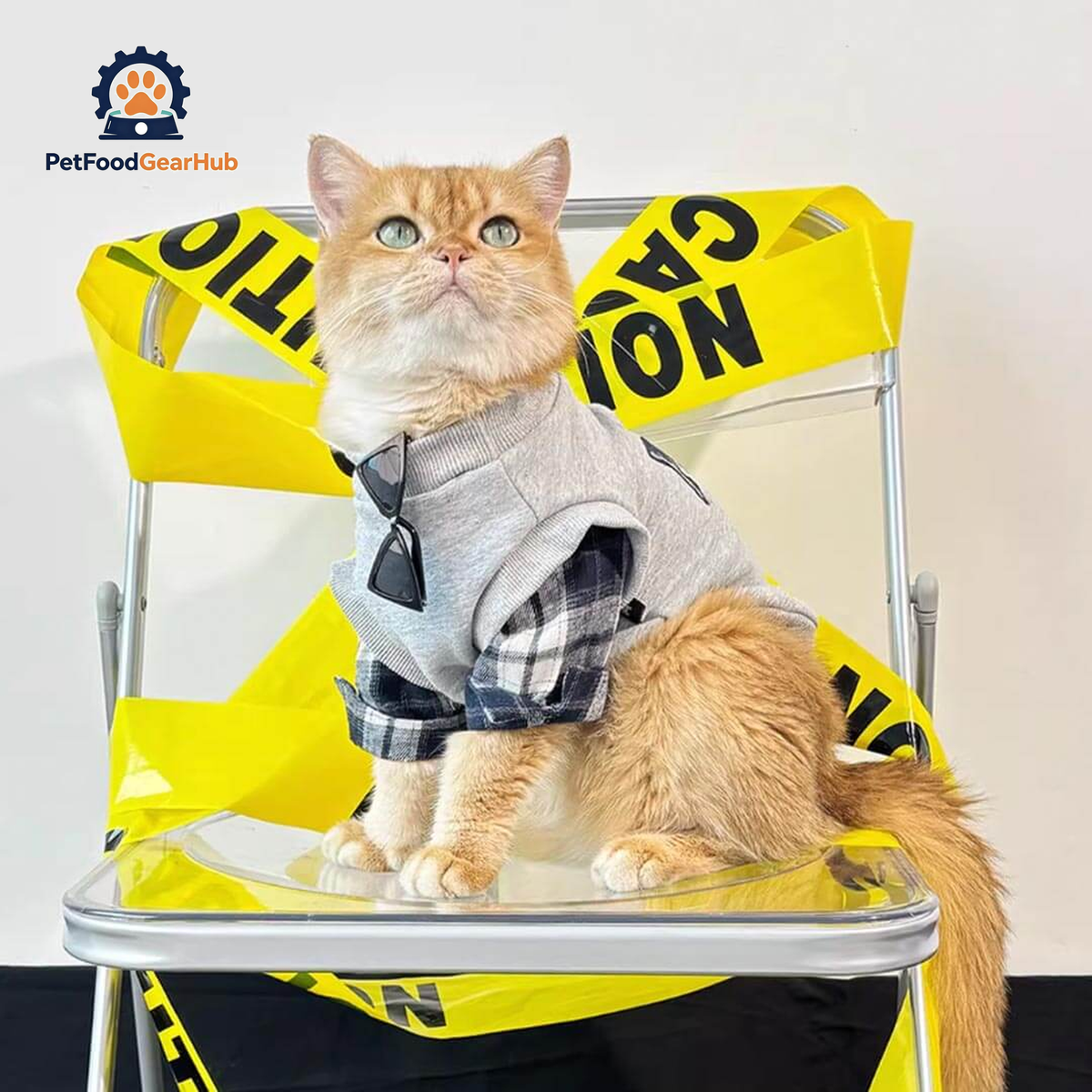Cat Wearing Cute gray Sweatshirt | Plaid Sleeve Cat Outfit | PetFoodGearHub