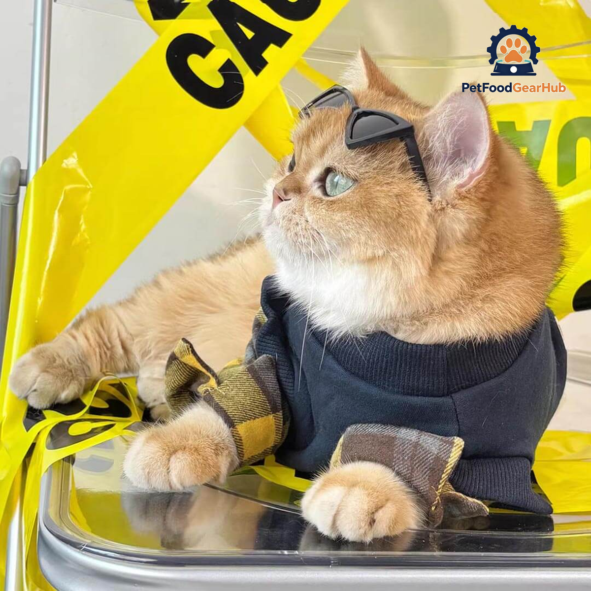 Cat Wearing Sunglasses In Navy Sweatshirt | Cool Cat Outfit | PetFoodGearHub