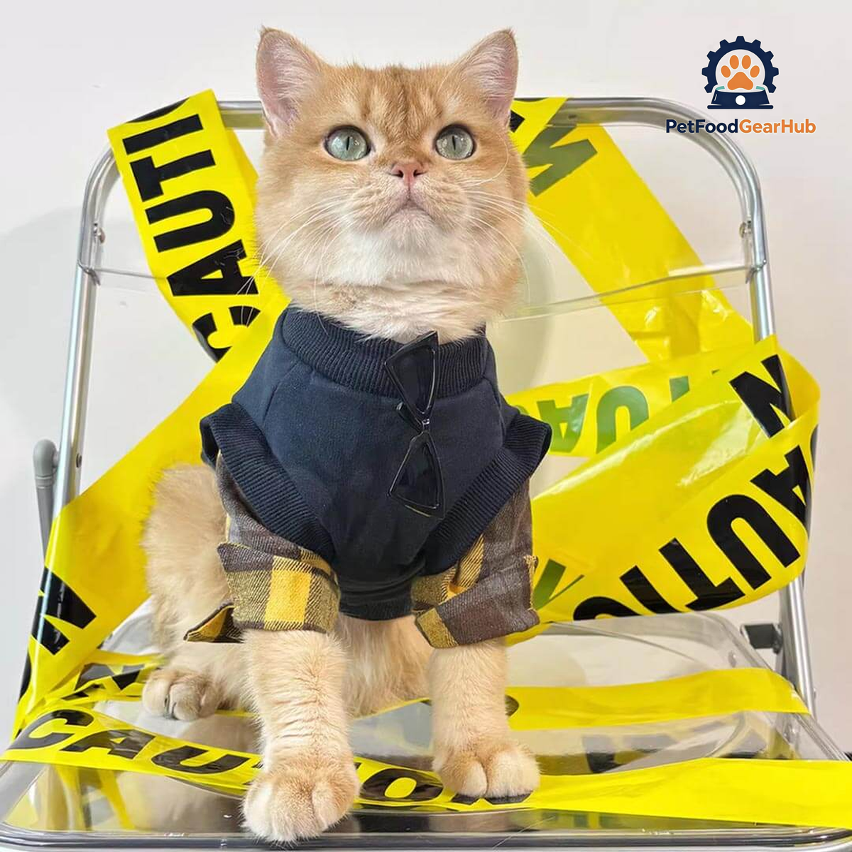 Cat Wearing Navy Sweatshirt | Plaid Sleeve Cat Outfit | PetFoodGearHub