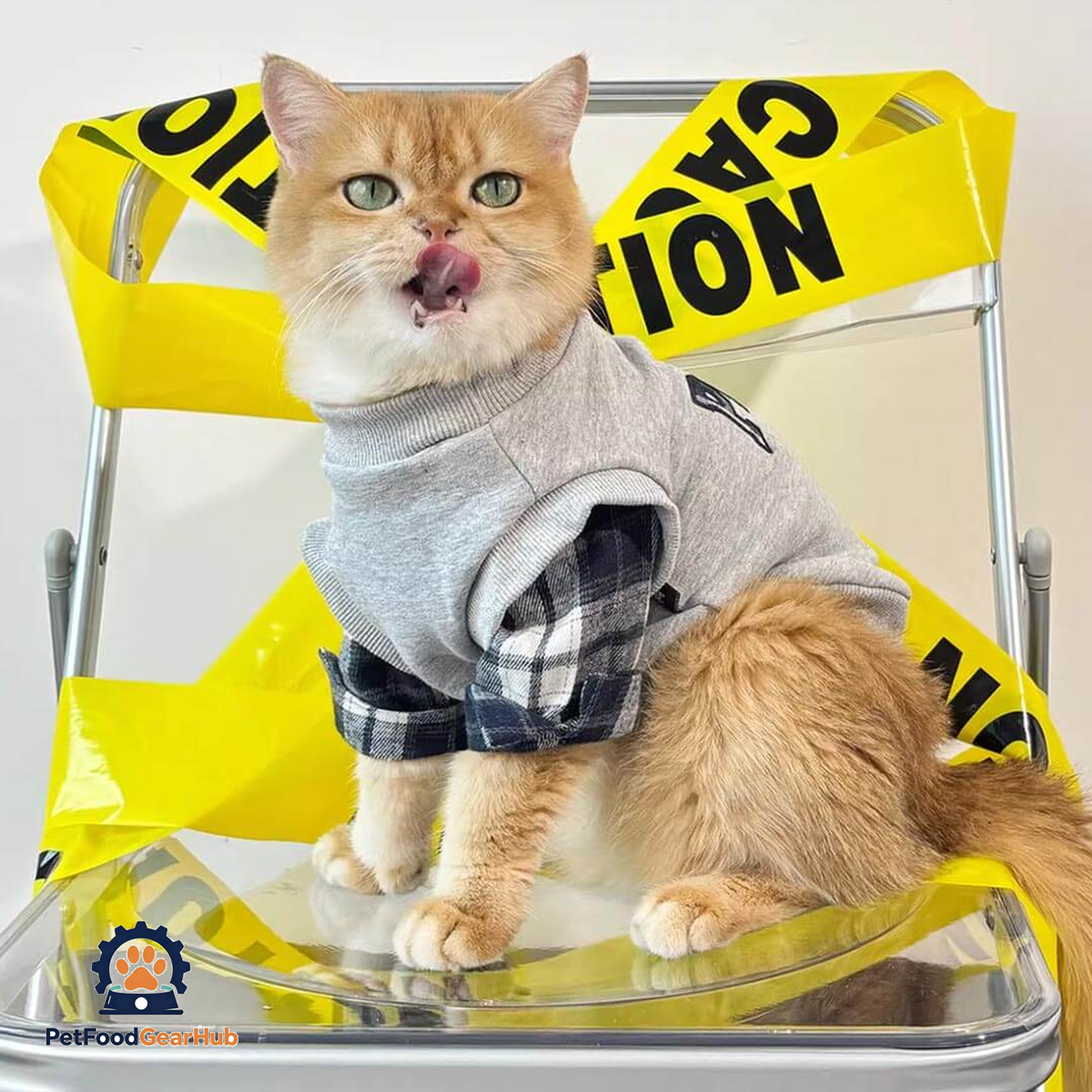 Cat Wearing Stylish gray Sweatshirt | Plaid Sleeve Cat Outfit | PetFoodGearHub