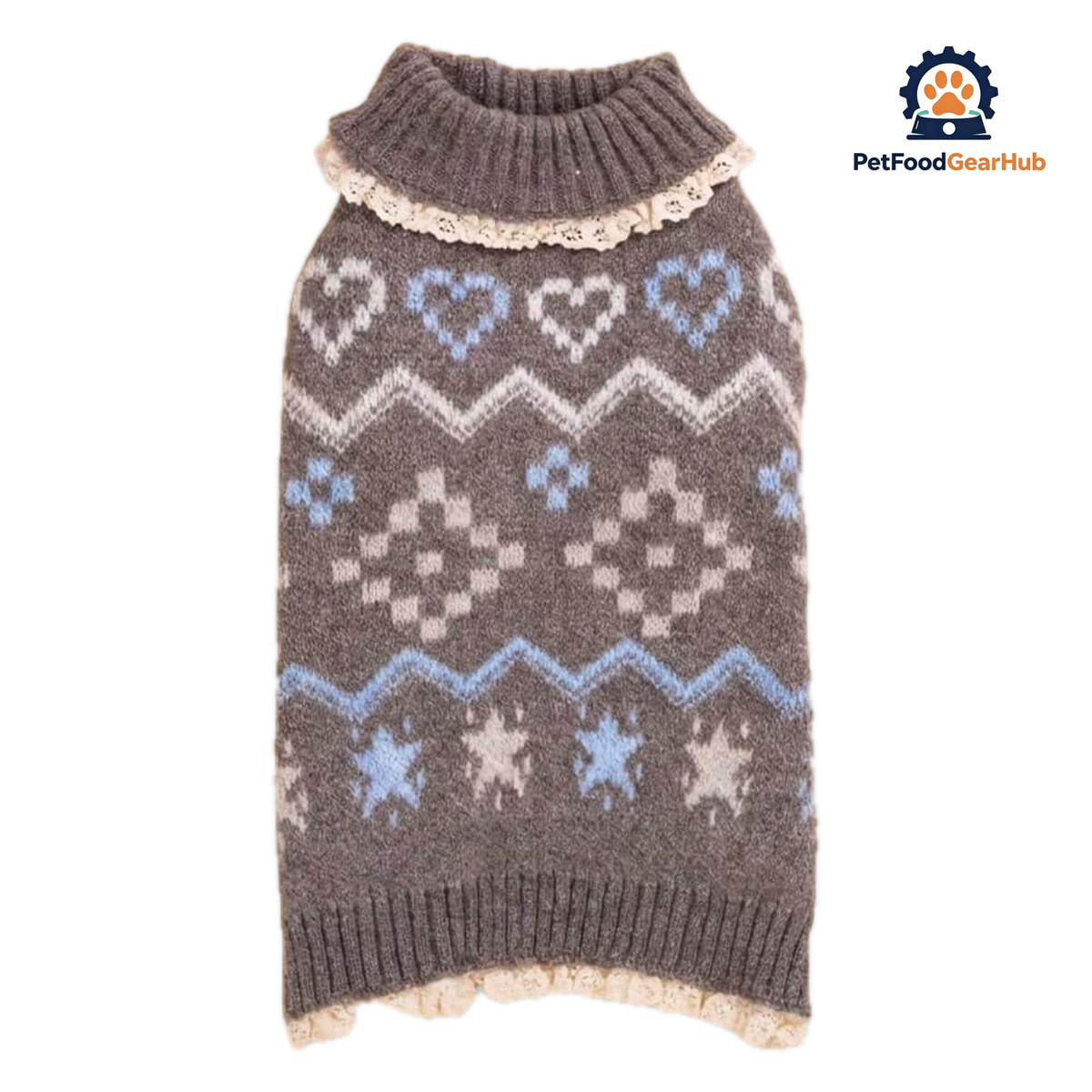 Alpine Cat Sweater | gray Knit with Blue Hearts and Lace Trim | PetFoodGearHub