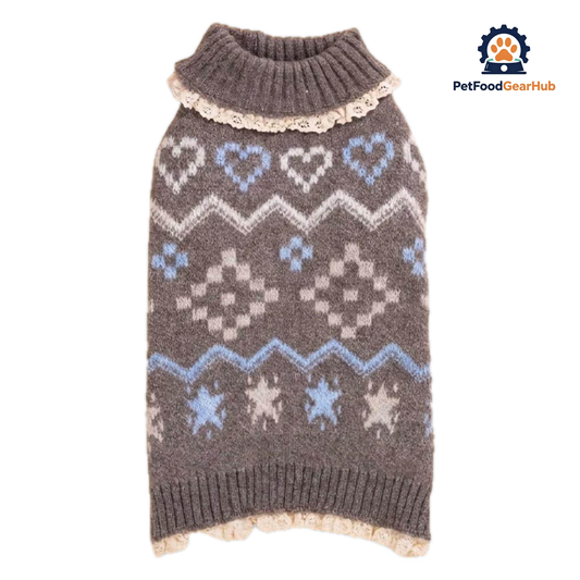 Alpine Cat Sweater | gray Knit with Blue Hearts and Lace Trim | PetFoodGearHub