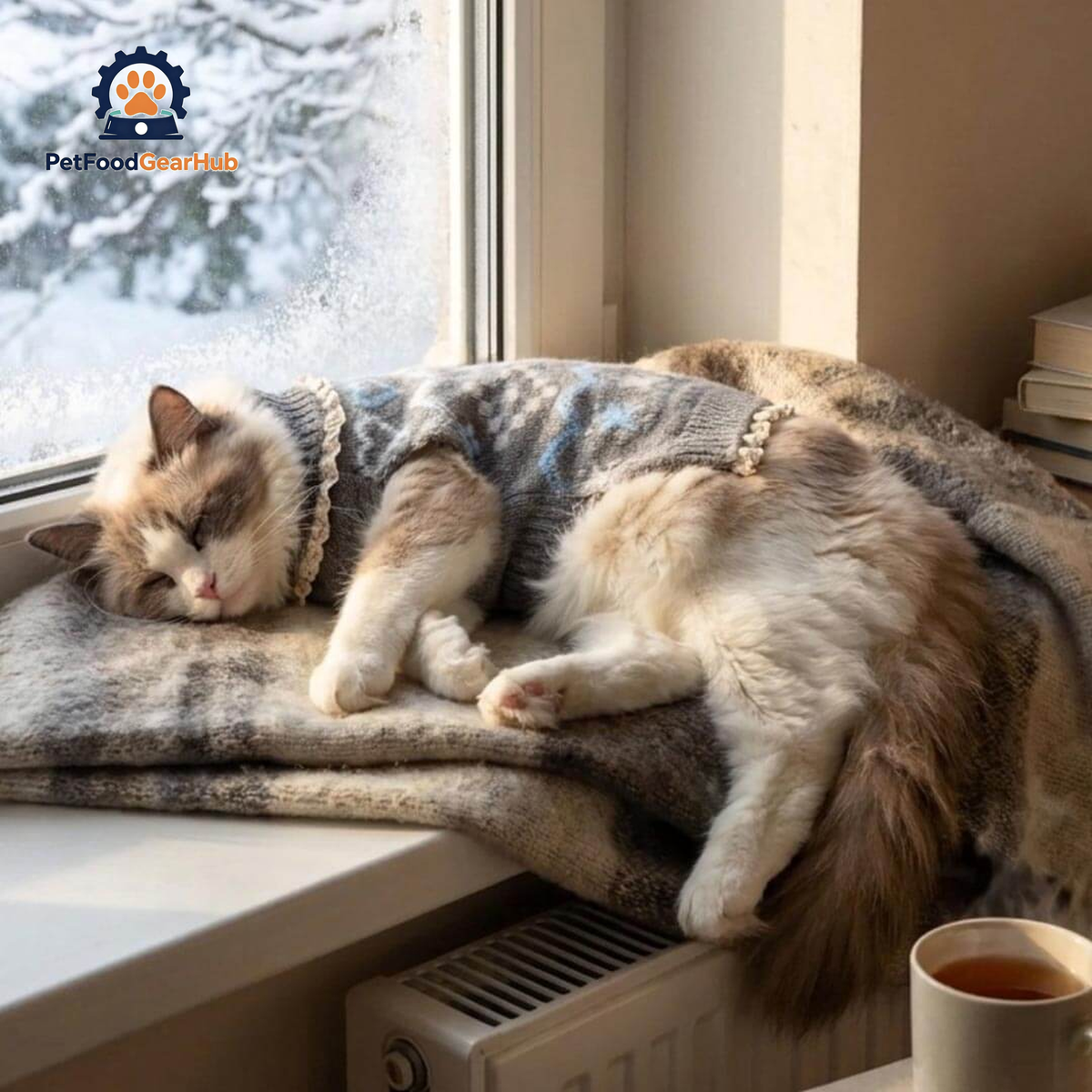 Alpine Cat Sweater on Sleeping Ragdoll Cat | cozy gray Knit with Blue Pattern | PetFoodGearHub