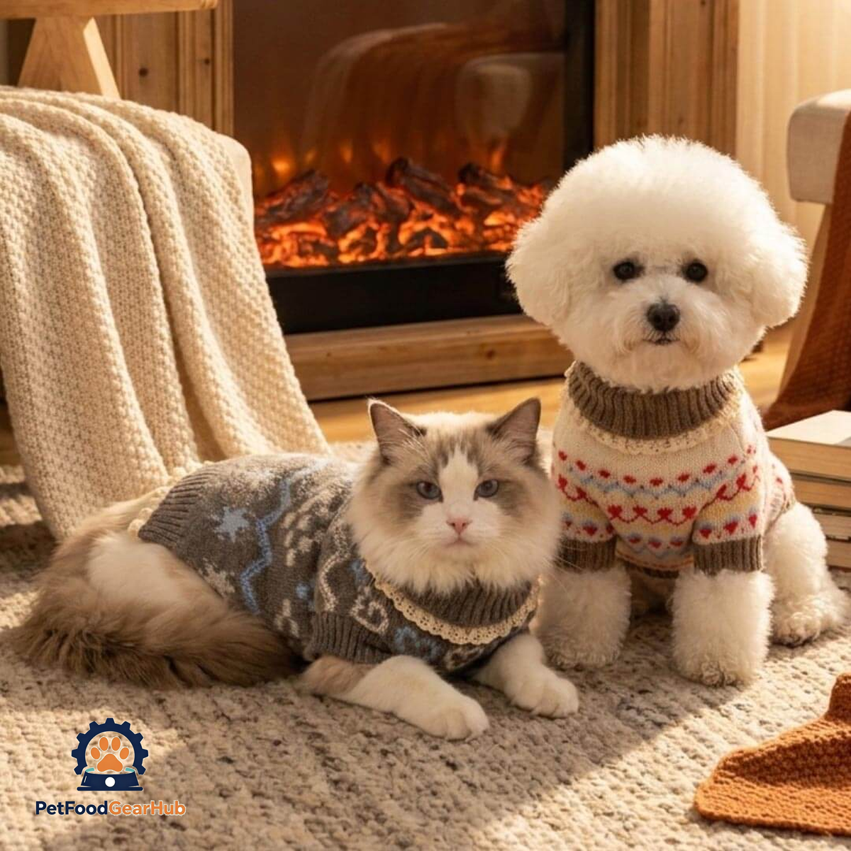 Alpine Cat Sweater on Ragdoll Cat by Fireplace | cozy Winter Knit | PetFoodGearHub