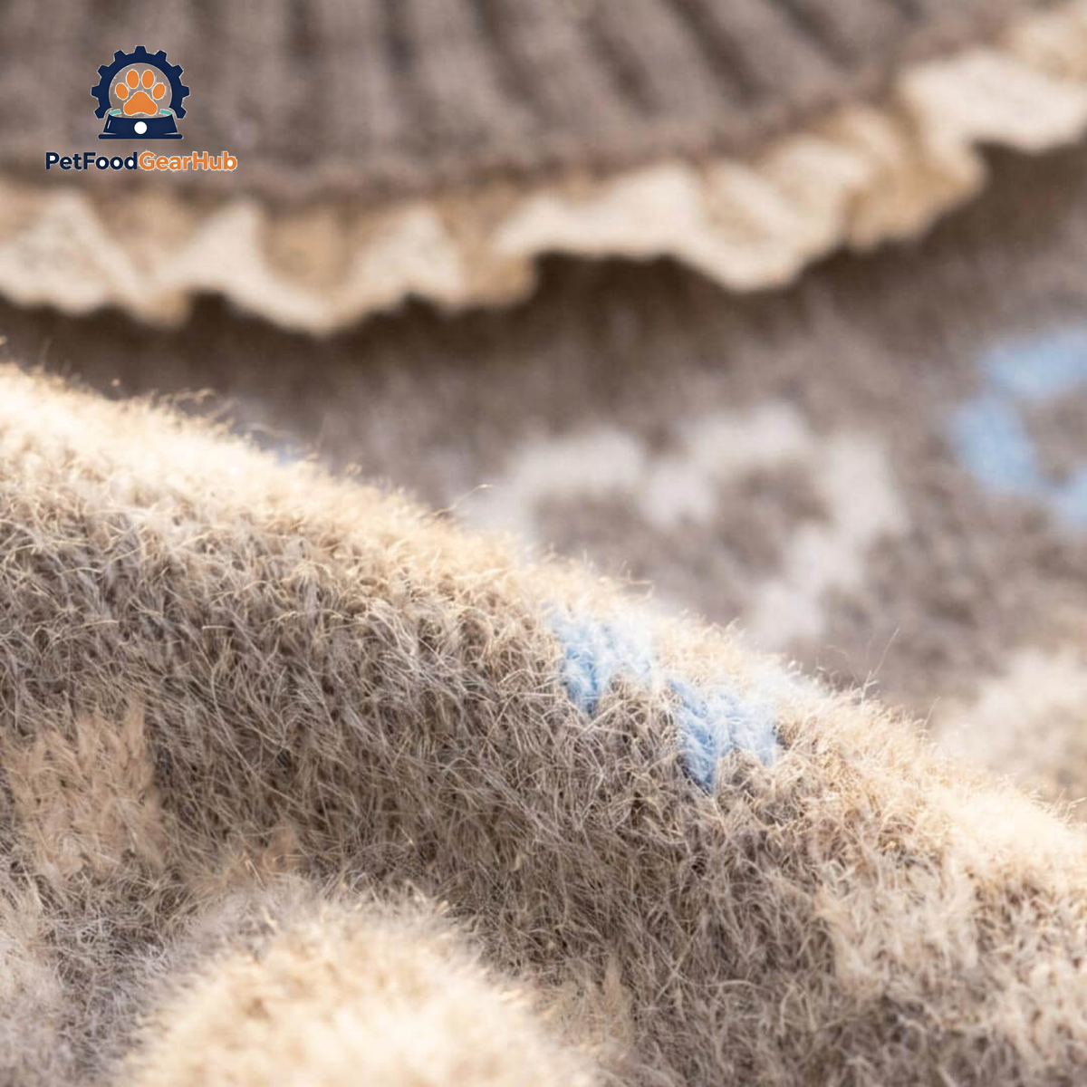 Alpine Cat Sweater Fabric Close Up | Soft gray Knit with Blue Pattern and Lace Trim | PetFoodGearHub