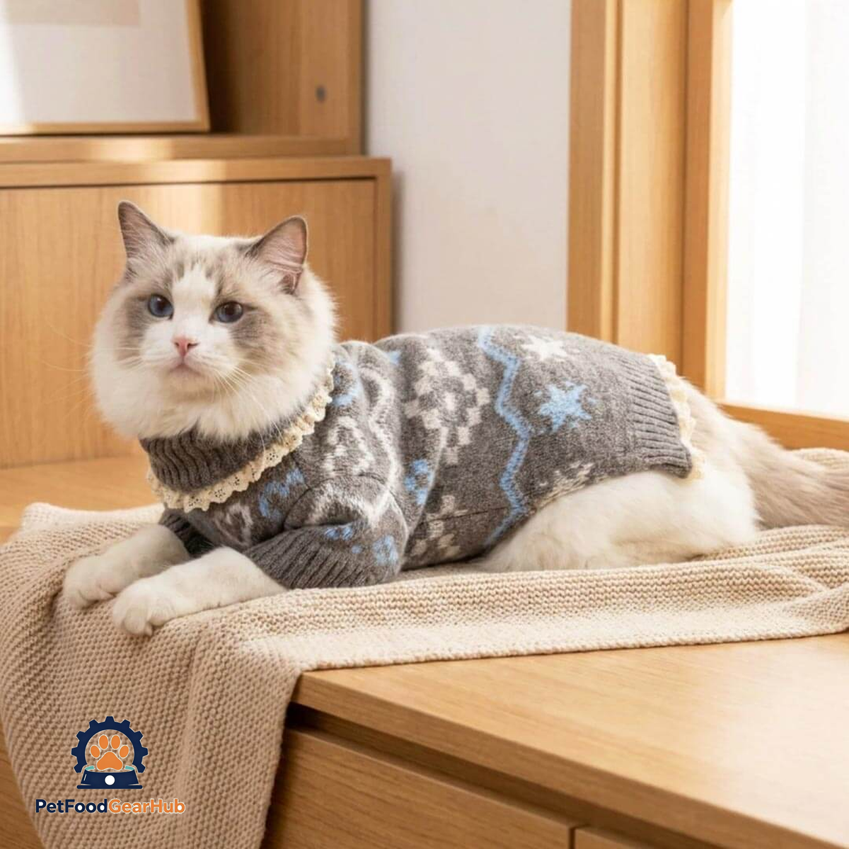 Alpine Cat Sweater on Ragdoll Cat | gray Knit with Blue Hearts and Lace Trim | PetFoodGearHub