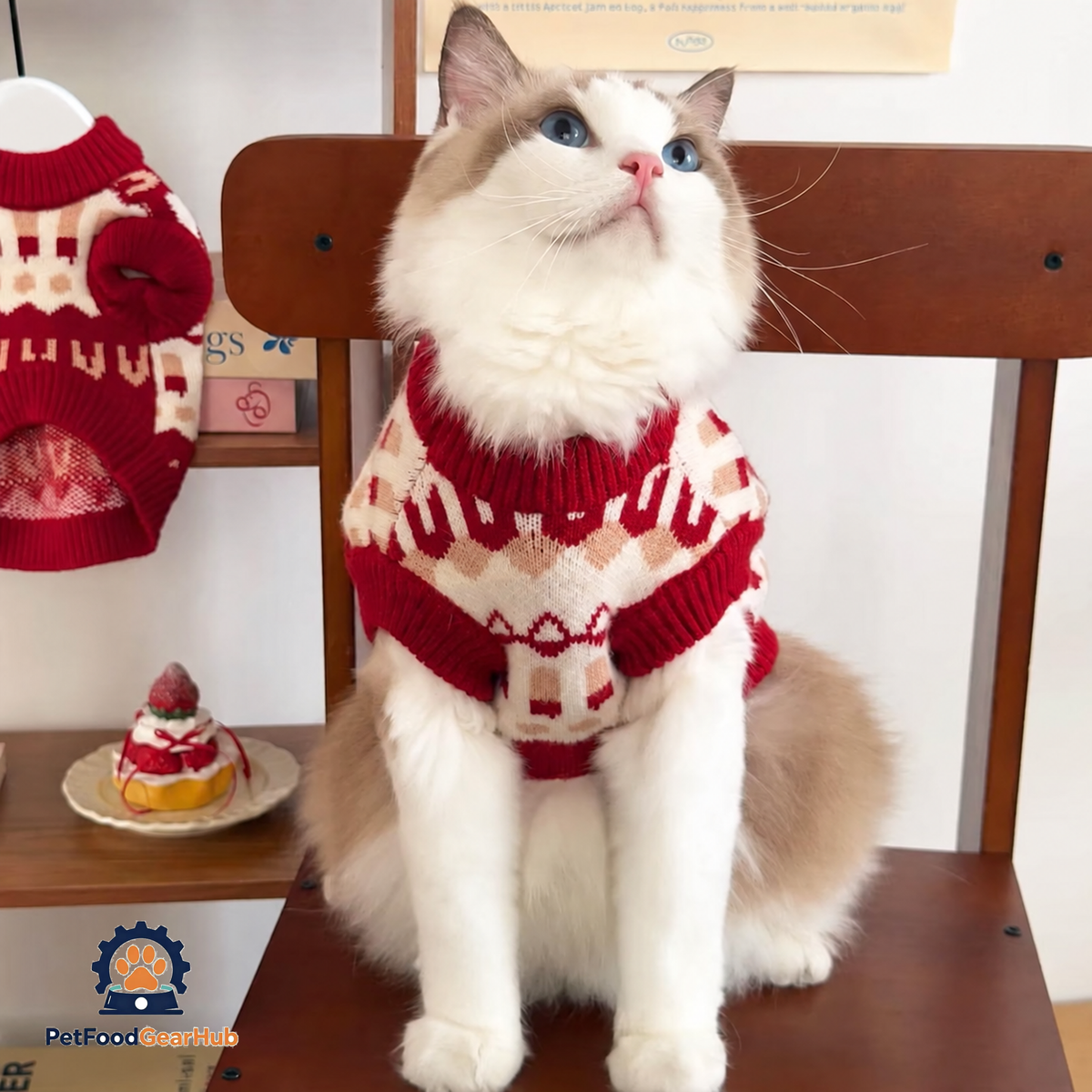 Cat Wearing Red Knit Cat Sweater | Cozy Winter Cat Clothes | PetFoodGearHub