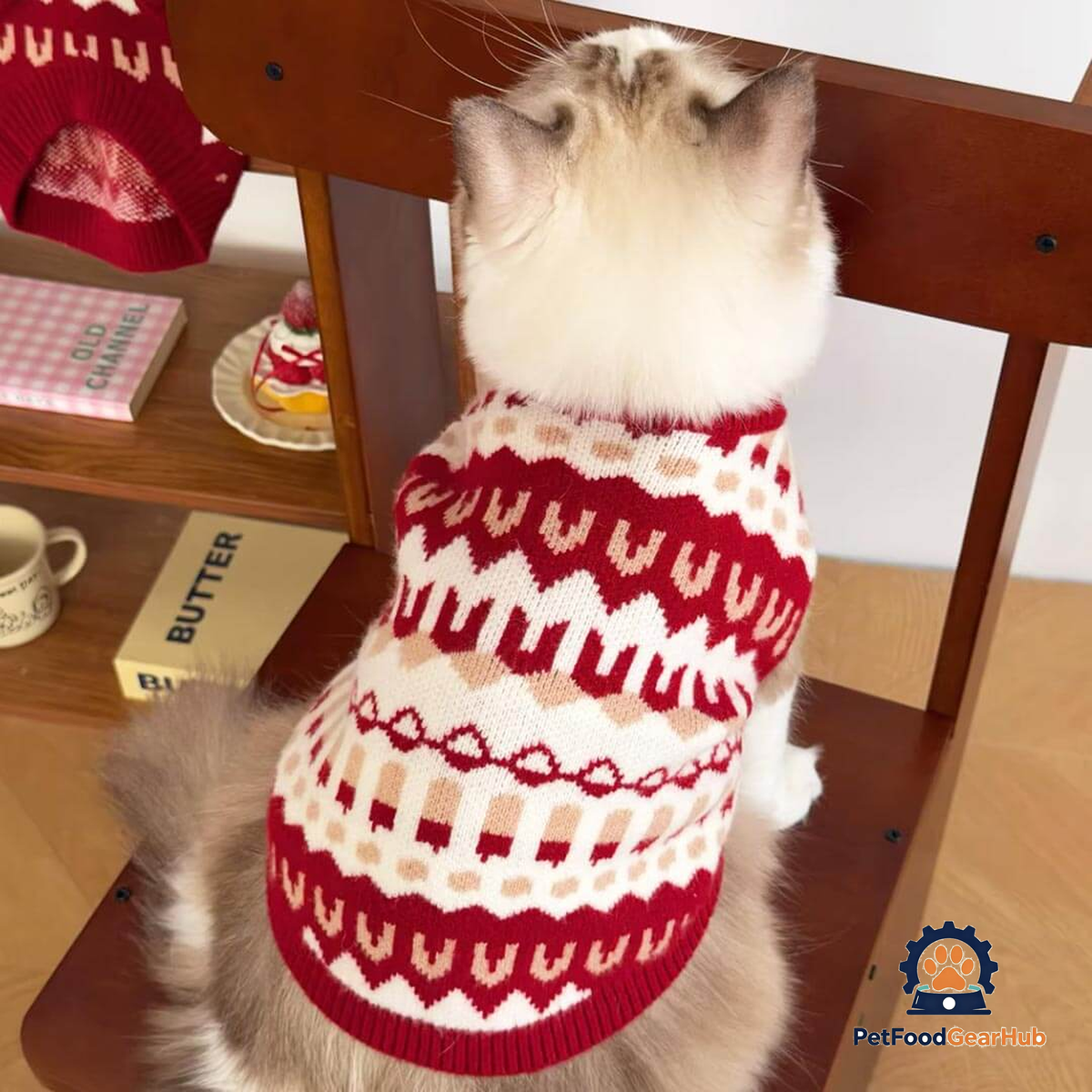 Cat Wearing Crimson Knit Cat Sweater | Warm Winter Cat Clothing | PetFoodGearHub