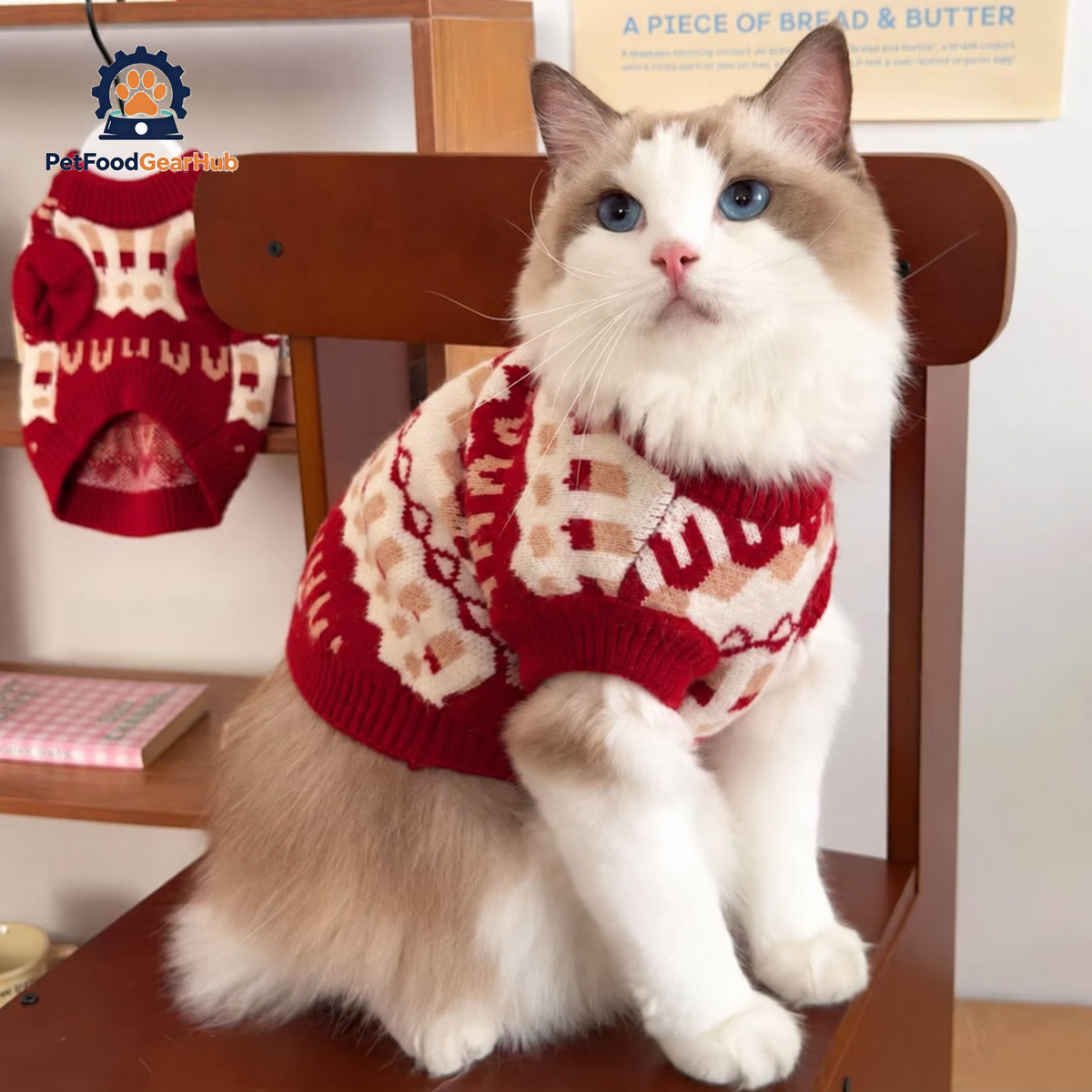 Cat Wearing Crimson Knit Sweater | Cute Winter Cat Outfit | PetFoodGearHub
