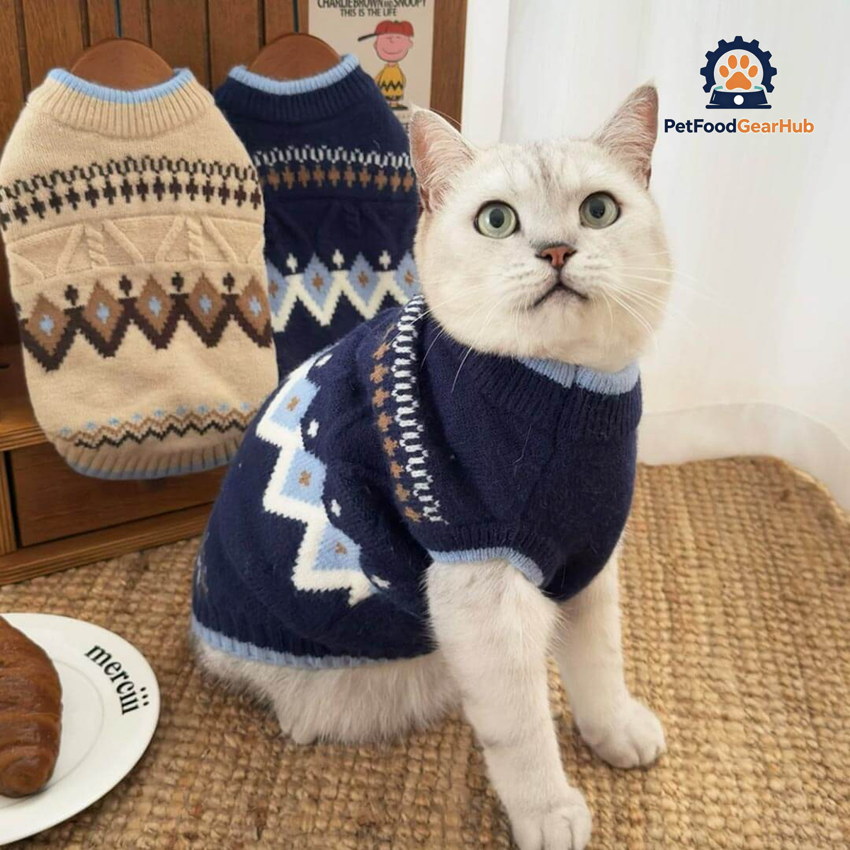 Fair Isle Navy Cat Sweater On Cat | Knitted Winter Cat Sweater | PetFoodGearHub