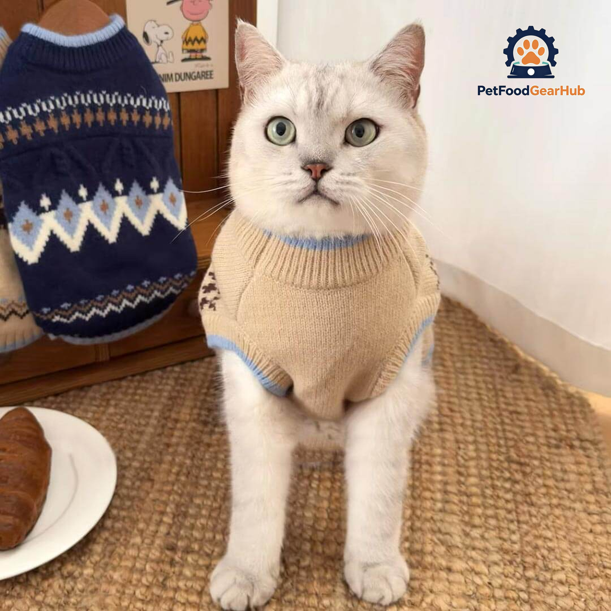 Fair Isle Beige Cat Sweater On Cat | Cozy Cat Jumper | PetFoodGearHub