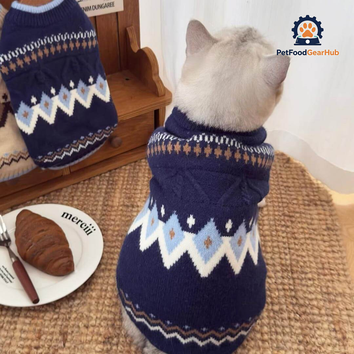 Cat Wearing Fair Isle Navy Cat Sweater | Winter Cat Sweater | PetFoodGearHub