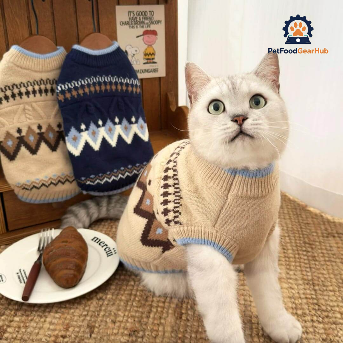 Cat Wearing Fair Isle Beige Cat Sweater | Stretch Knit Cat Sweater | PetFoodGearHub